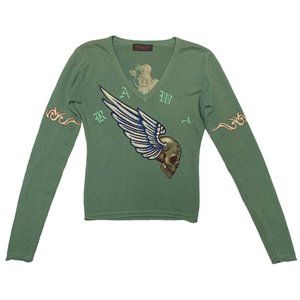 Raw7 Women's Cashmere V-Neck Sweater Skullwing with Embroiderey - Green